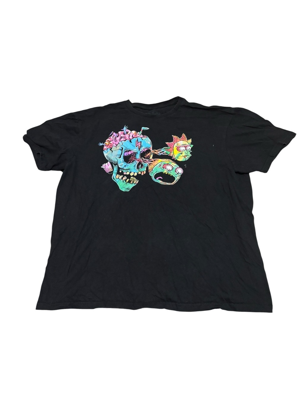 Rick & Morty Black Graphic Skull Tee with Neon Accents